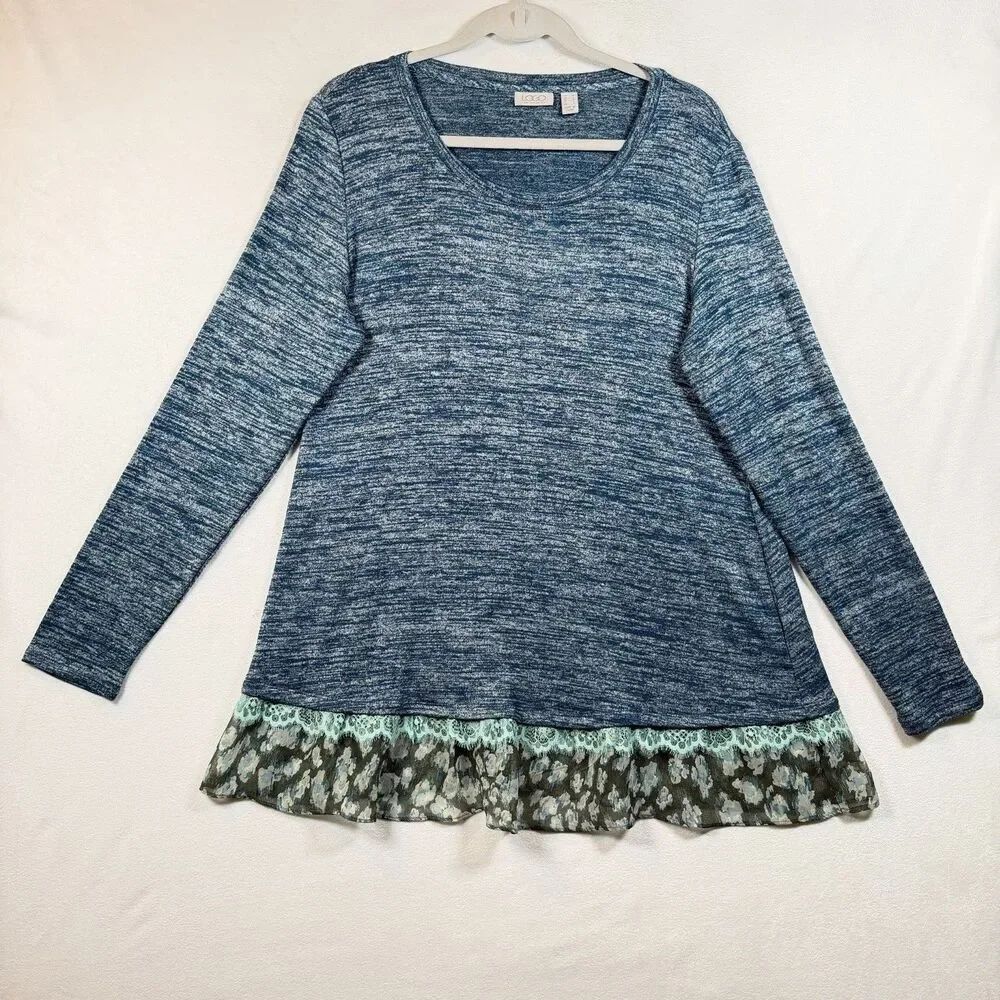 LOGO Lori Goldstein Tunic Top Medium Blue Heather Lace Chiffon Hem